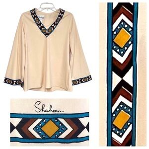 Vintage Alfred Shaheen Boho Tribal Bell Sleeve V-neck Tunic Top Blouse